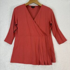 J. Jill Wearever Collection Coral Red 3/4 Sleeve Pleated Faux Wrap Top Womens Mp